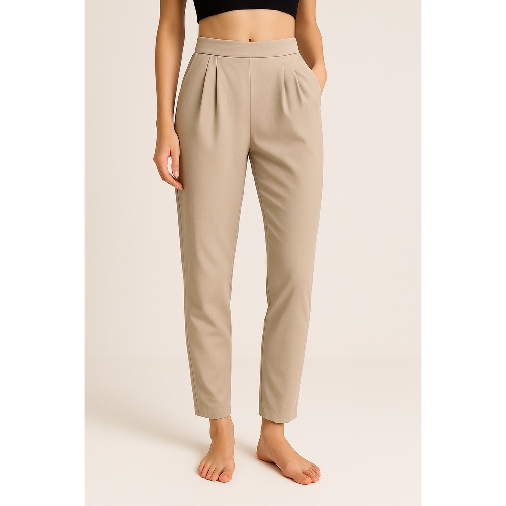 ZARA WOMAN Beige Pleated High Waisted Trousers Pants Elastic Waist XS